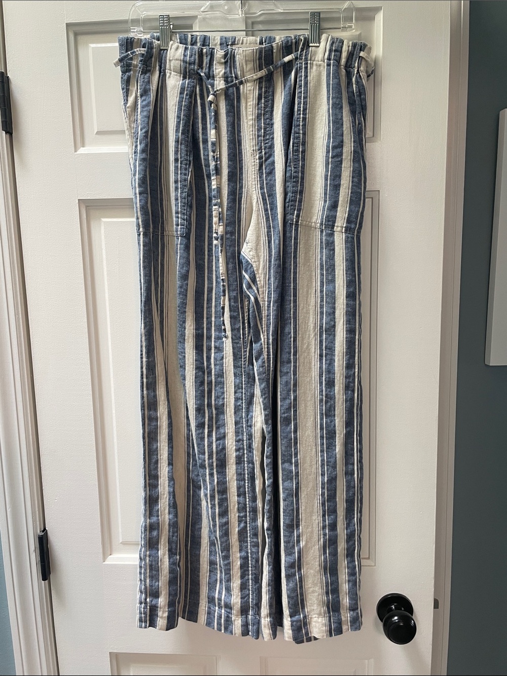 Madewell Blue and White Vertical Stripe Wide-Leg Pants - Linen & Cotton Blend